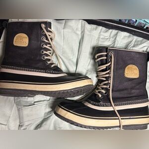 Sorel Black Fossil Canvas Waterproof Snow Boots Women's Sz 8 Lace-up NL1717-010
